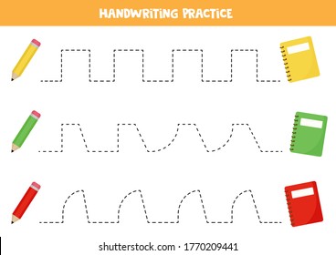 Handwriting Practice With Pencils And Notebooks. Tracing Lines For Kids. Educational Game For Preschoolers. Activity Page.