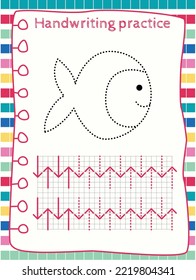 Handwriting practice with pencils and notebooks. Tracing lines for kids. Educational game for preschoolers. Activity page.