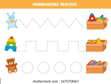 Handwriting practice with rabbit, teddy bear and tower. Tracing lines for kids.