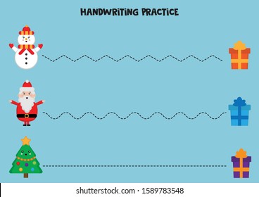 Handwriting practice with Santa Claus, fir tree and snowman.