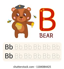 Handwriting practice sheet. Basic writing. Educational game for children.  Writing practice letter B. Illustration of cute bear.