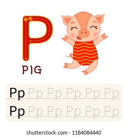 Handwriting practice sheet. Basic writing. Educational game for children.  Writing practice letter P. Illustration of cute pig.