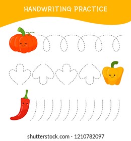 Handwriting practice sheet. Basic writing. Educational game for children.  Cartoon vegetables.