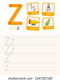 Handwriting practice sheet. Basic writing. Educational game for children. Learning the letters of the English alphabet. Cards with objects. Letter Z.