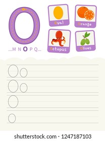 Handwriting practice sheet. Basic writing. Educational game for children. Learning the letters of the English alphabet. Cards with objects. Letter O.