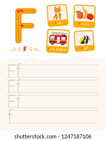 Handwriting practice sheet. Basic writing. Educational game for children. Learning the letters of the English alphabet. Cards with objects. Letter F