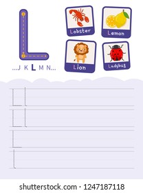 Handwriting practice sheet. Basic writing. Educational game for children. Learning the letters of the English alphabet. Cards with objects. Letter L.