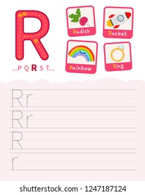 Handwriting practice sheet. Basic writing. Educational game for children. Learning the letters of the English alphabet. Cards with objects. Letter R.