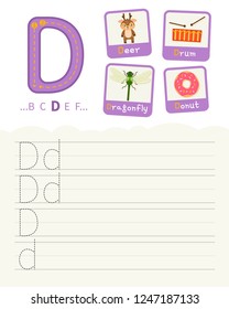 Handwriting practice sheet. Basic writing. Educational game for children. Learning the letters of the English alphabet. Cards with objects. Letter D.