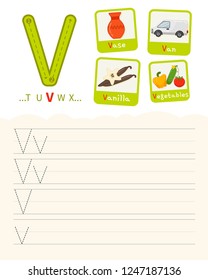 Handwriting practice sheet. Basic writing. Educational game for children. Learning the letters of the English alphabet. Cards with objects. Letter V.