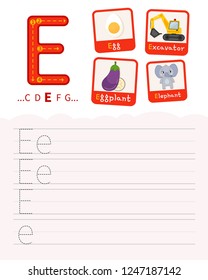 Handwriting practice sheet. Basic writing. Educational game for children. Learning the letters of the English alphabet. Cards with objects. Letter E.