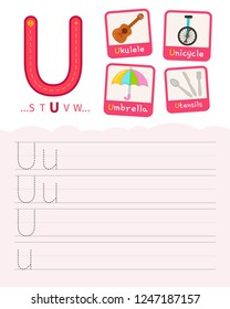 Handwriting practice sheet. Basic writing. Educational game for children. Learning the letters of the English alphabet. Cards with objects. Letter U.