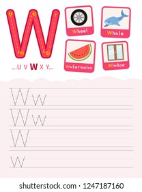 Handwriting practice sheet. Basic writing. Educational game for children. Learning the letters of the English alphabet. Cards with objects. Letter W.