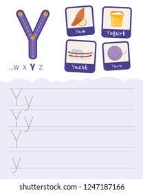 Handwriting practice sheet. Basic writing. Educational game for children. Learning the letters of the English alphabet. Cards with objects. Letter Y.