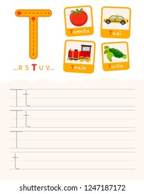 Handwriting practice sheet. Basic writing. Educational game for children. Learning the letters of the English alphabet. Cards with objects. Letter T.