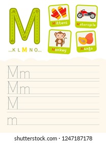 Handwriting practice sheet. Basic writing. Educational game for children. Learning the letters of the English alphabet. Cards with objects. Letter M.