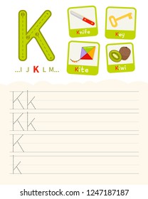 Handwriting practice sheet. Basic writing. Educational game for children. Learning the letters of the English alphabet. Cards with objects. Letter K.
