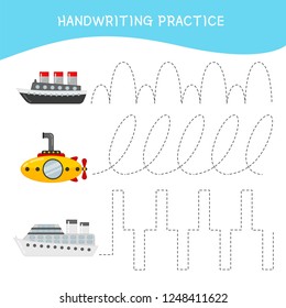 Handwriting practice sheet. Basic writing. Educational game for children. Cartoon ships.