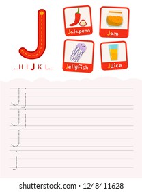 Handwriting practice sheet. Basic writing. Educational game for children. Learning the letters of the English alphabet. Cards with objects. Letter J.