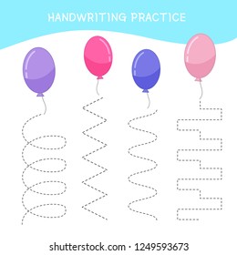 Handwriting practice sheet. Basic writing. Educational game for children. Cartoon Balloon.