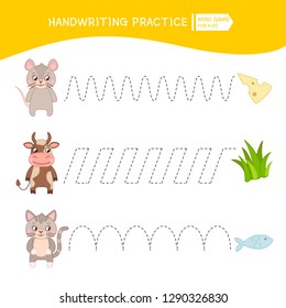 Handwriting practice sheet. Basic writing. Educational game for children.  Cartoon animal and their food.