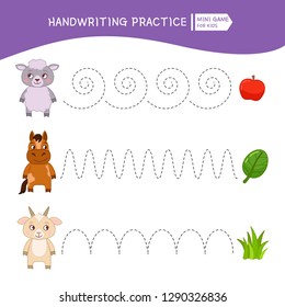 Handwriting practice sheet. Basic writing. Educational game for children.  Cartoon animal and their food.