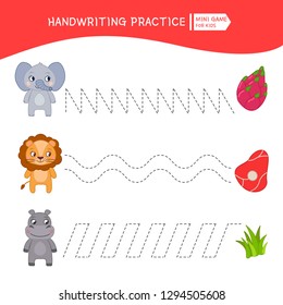 Handwriting practice sheet. Basic writing. Educational game for children. Cartoon animals and food.