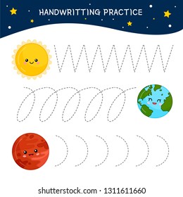 Handwriting practice sheet. Basic writing. Educational game for children.  Cartoon cute planet.