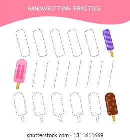 Handwriting practice sheet. Basic writing. Educational game for children.  Cartoon ice creams.