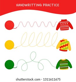 Handwriting practice sheet. Basic writing. Educational game for children.  Cartoon yarn and sweaters.