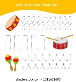 Handwriting practice sheet. Basic writing. Educational game for children.  Cartoon musical instruments.