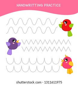 Handwriting practice sheet. Basic writing. Educational game for children.  Cartoon cute birds.