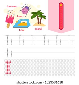 Handwriting practice sheet. Basic writing. Educational game for children. Learning the letters of the English alphabet. Letter I.