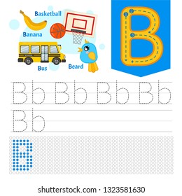 Handwriting practice sheet. Basic writing. Educational game for children. Learning the letters of the English alphabet. Letter B.