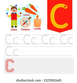 Handwriting practice sheet. Basic writing. Educational game for children. Learning the letters of the English alphabet. Letter C.