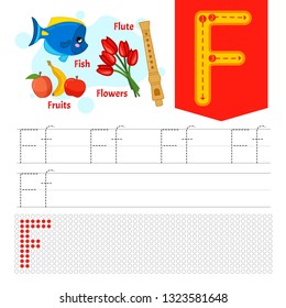 Handwriting practice sheet. Basic writing. Educational game for children. Learning the letters of the English alphabet. Letter F.