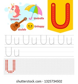 Handwriting practice sheet. Basic writing. Educational game for children. Learning the letters of the English alphabet. Letter U.