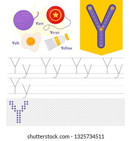 Handwriting practice sheet. Basic writing. Educational game for children. Learning the letters of the English alphabet. Letter Y.