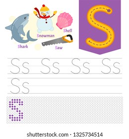 Handwriting practice sheet. Basic writing. Educational game for children. Learning the letters of the English alphabet. Letter S.