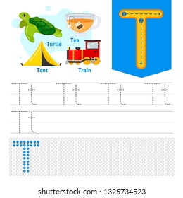 Handwriting practice sheet. Basic writing. Educational game for children. Learning the letters of the English alphabet. Letter T.