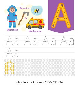 Handwriting practice sheet. Basic writing. Educational game for children. Learning the letters of the English alphabet. Letter A.