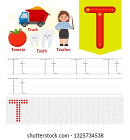 Handwriting practice sheet. Basic writing. Educational game for children. Learning the letters of the English alphabet. Letter T.