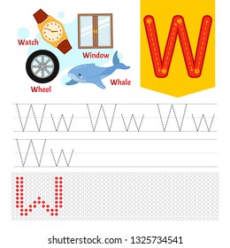 Handwriting practice sheet. Basic writing. Educational game for children. Learning the letters of the English alphabet. Letter W.