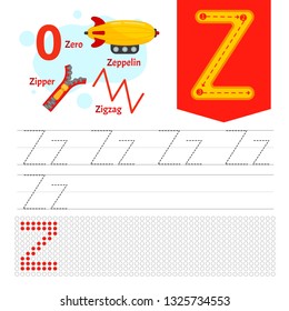 Handwriting practice sheet. Basic writing. Educational game for children. Learning the letters of the English alphabet. Letter Z.