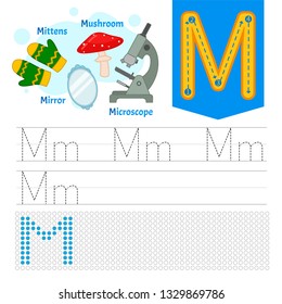 Handwriting practice sheet. Basic writing. Educational game for children. Learning the letters of the English alphabet. Letter M.