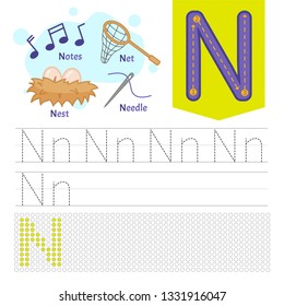 Handwriting practice sheet. Basic writing. Educational game for children. Learning the letters of the English alphabet. Letter N.