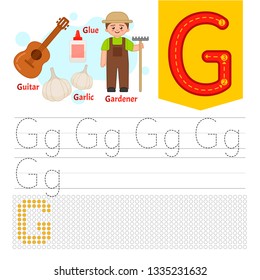 Handwriting practice sheet. Basic writing. Educational game for children. Learning the letters of the English alphabet. Letter G.