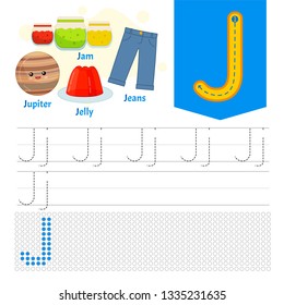 Handwriting practice sheet. Basic writing. Educational game for children. Learning the letters of the English alphabet. Letter J.