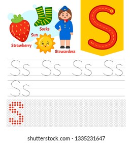 Handwriting practice sheet. Basic writing. Educational game for children. Learning the letters of the English alphabet. Letter S.