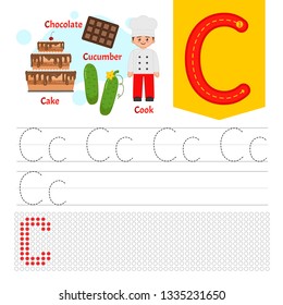 Handwriting practice sheet. Basic writing. Educational game for children. Learning the letters of the English alphabet. Letter C.